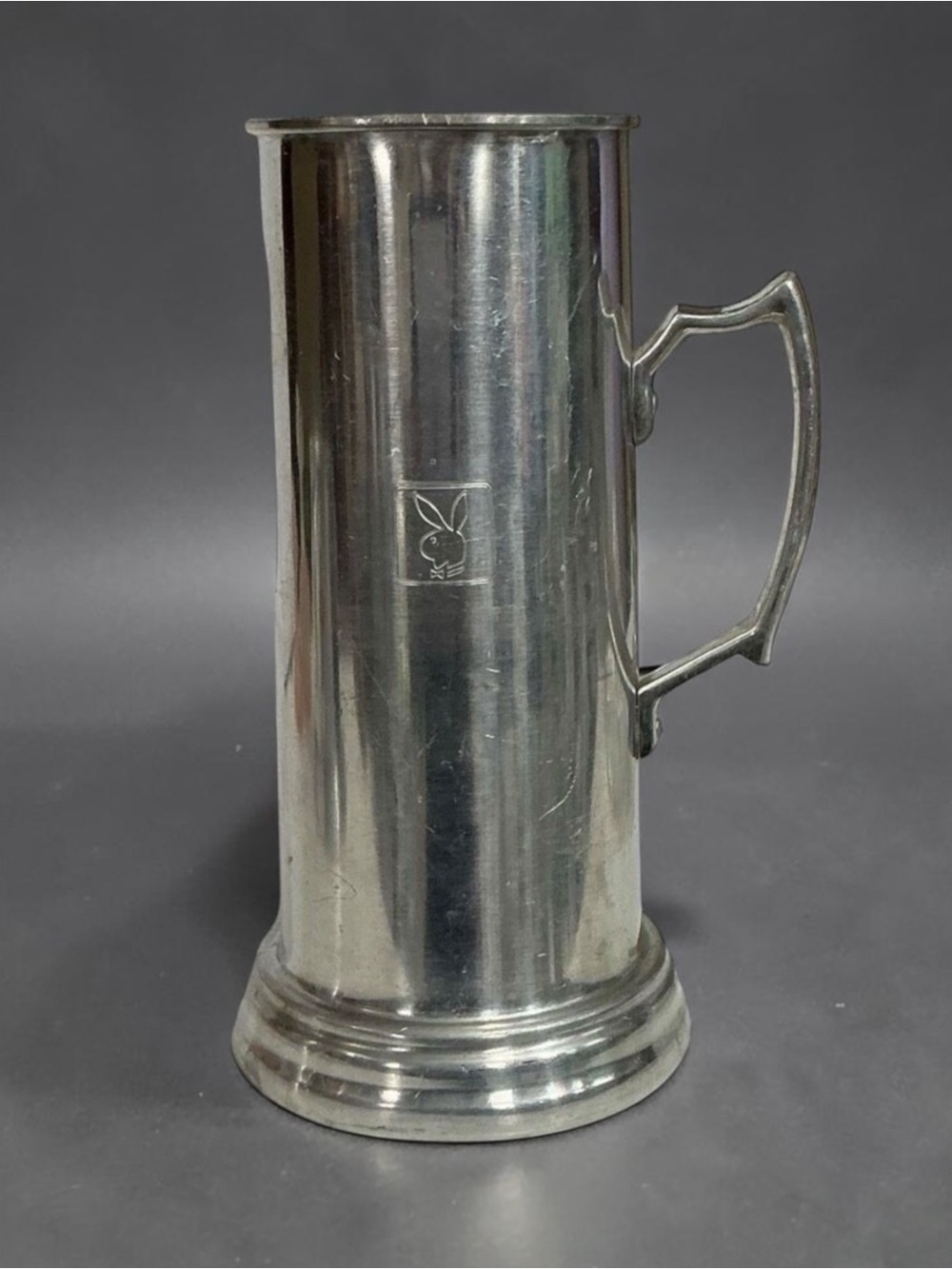 Vintageβ1970's Playboy 38 OZ Jumbo Aluminum Clear Glass Bottom Beer Pewter Mug
